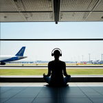 **

A serene traveler meditating near a large window at Amsterdam Schiphol Airport, overlooking the runways. Soft, diffused lighting emphasizes the calm atmosphere, contrasting with the bustling airport activity visible outside. The traveler is sitting in a comfortable posture, eyes closed, with noise-canceling headphones on. Focus on the peaceful expression and the sense of escape within the busy environment.

**