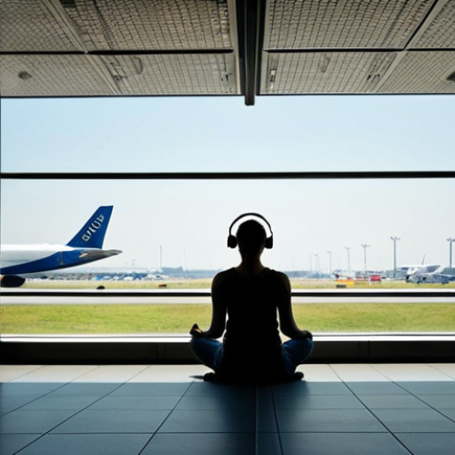 Home 4 **
A serene traveler meditating near a large window at Amsterdam Schiphol Airport, overlooking the runways. Soft, diffused lighting emphasizes the calm atmosphere, contrasting with the bustling airport activity visible outside. The traveler is sitting in a comfortable posture, eyes closed, with noise-canceling headphones on. Focus on the peaceful expression and the sense of escape within the busy environment.
**
