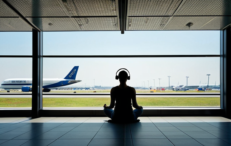 **
A serene traveler meditating near a large window at Amsterdam Schiphol Airport, overlooking the runways. Soft, diffused lighting emphasizes the calm atmosphere, contrasting with the bustling airport activity visible outside. The traveler is sitting in a comfortable posture, eyes closed, with noise-canceling headphones on. Focus on the peaceful expression and the sense of escape within the busy environment.
**