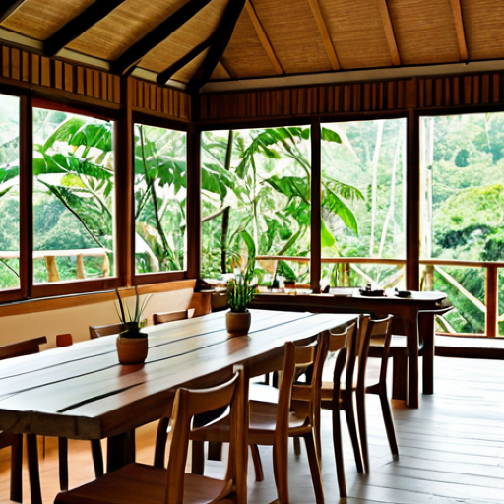 마인드풀 트래블의 지속 가능성 - **Eco-Lodge Interior:** "The cozy interior of a sustainable eco-lodge nestled in a lush rainforest, ...