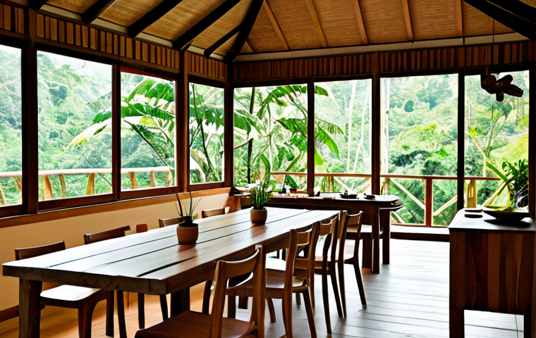 마인드풀 트래블의 지속 가능성 - **Eco-Lodge Interior:** "The cozy interior of a sustainable eco-lodge nestled in a lush rainforest, ...