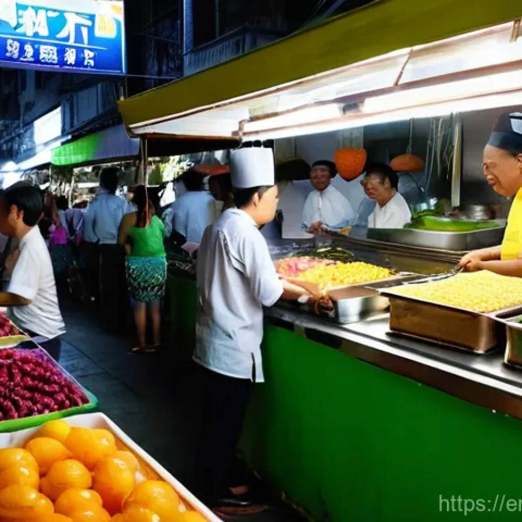 여행 중 감각적인 식사 경험 만들기 - **Vibrant Street Food Market at Dusk:**
A bustling street food market scene at dusk in a lively ...
