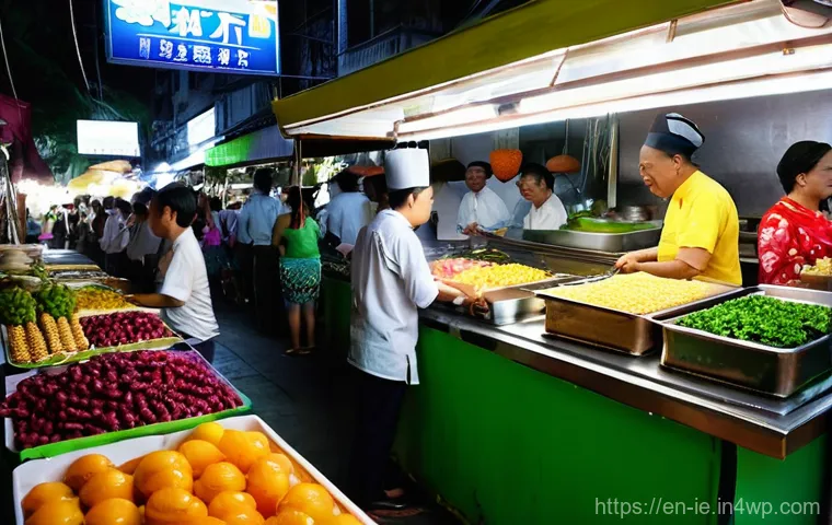 여행 중 감각적인 식사 경험 만들기 - **Vibrant Street Food Market at Dusk:**
    A bustling street food market scene at dusk in a lively ...