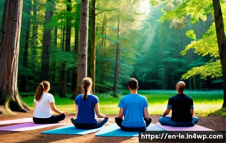 마인드풀 트래블을 위한 리트릿 찾기 - **Prompt:** A serene, sunlit forest clearing at dawn. A diverse group of individuals, clothed in com...
