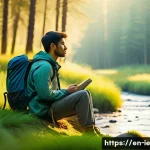 Home 20 자연 속에서의 마인드풀 트래블 체험 - A serene early morning forest scene showing a lone hiker sitting quietly by a gently flowing stream,...