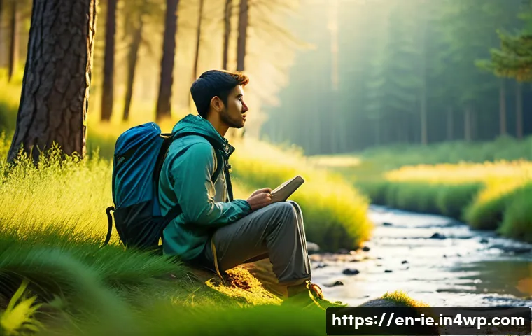 자연 속에서의 마인드풀 트래블 체험 - A serene early morning forest scene showing a lone hiker sitting quietly by a gently flowing stream,...
