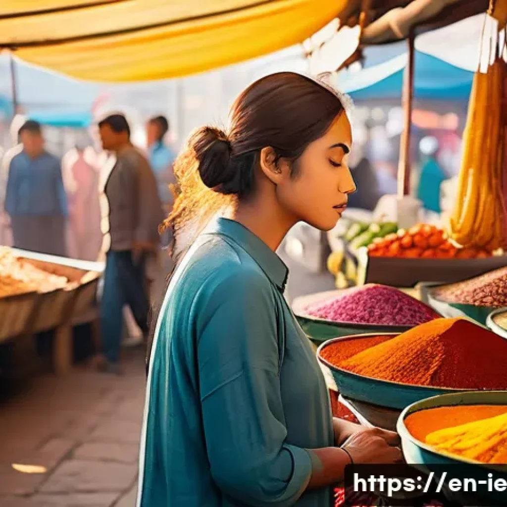 마인드풀 트래블을 위한 스크립트 작성하기 - A serene scene of a traveler practicing mindful breathing in a bustling open-air market at golden ho...