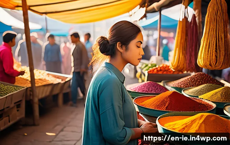 마인드풀 트래블을 위한 스크립트 작성하기 - A serene scene of a traveler practicing mindful breathing in a bustling open-air market at golden ho...