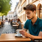 Home 23 여행 중 피로 회복을 위한 마음 챙김 - A serene outdoor café scene in a bustling European city, showing a young traveler in casual clothes ...