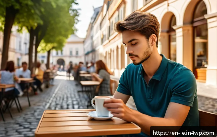 여행 중 피로 회복을 위한 마음 챙김 - A serene outdoor caf&eacute; scene in a bustling European city, showing a young traveler in casual clothes ...