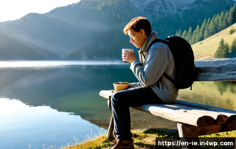 여행 중 마음의 소리를 듣는 방법 - Photorealistic solo traveler sitting quietly on a weathered wooden bench beside a calm mountain lake...